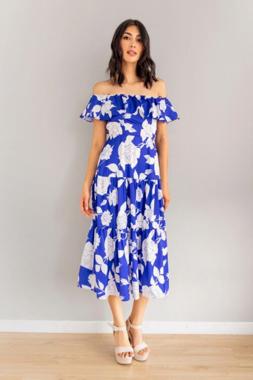 Vestido Escote Bandeja Print Azul