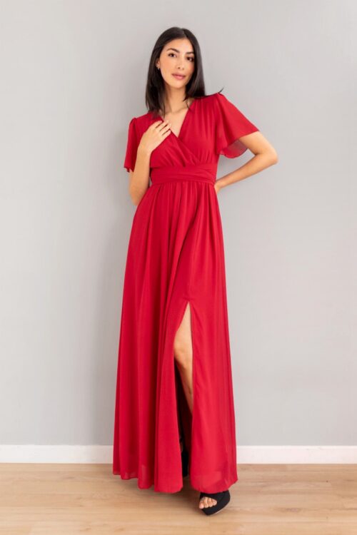Vestido en Velo Manga Vuelo Rojo