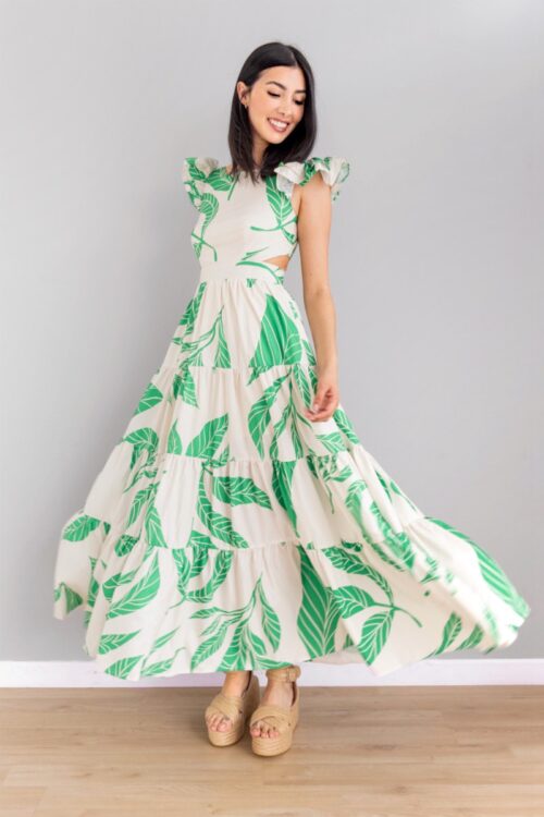 Vestido Print Verde Con Marfil