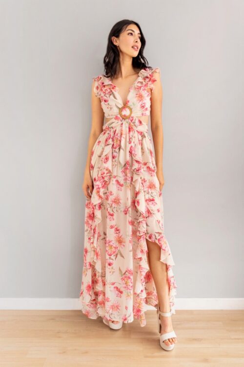 Vestido Aberturas Laterales Boleros Floral Crema