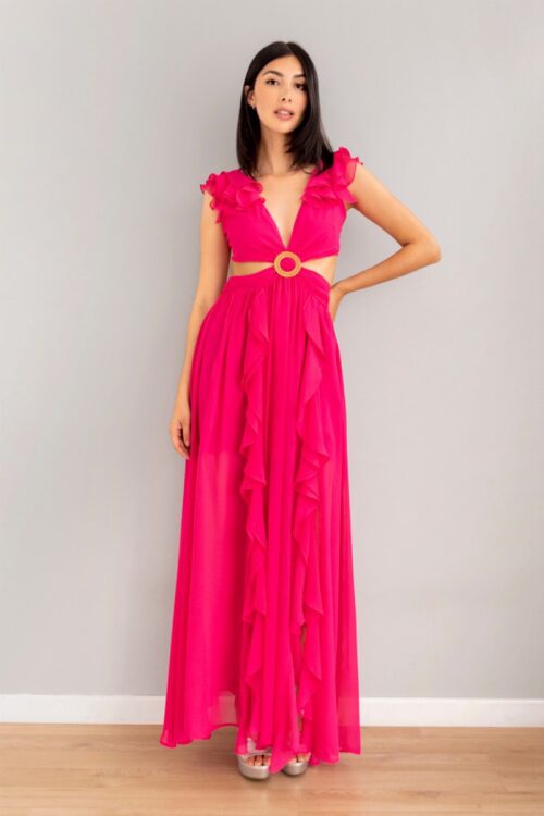 Vestido Boleros Aberturas Laterales Fucsia