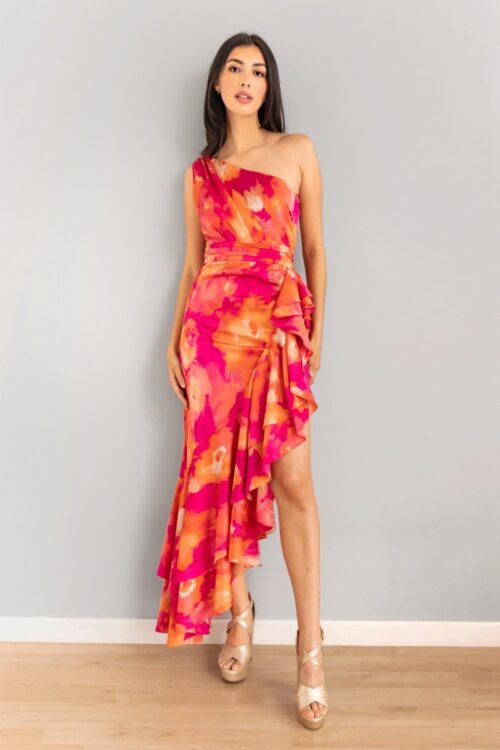 Vestido Asimetrico Abertura Bolero Print Fucsia