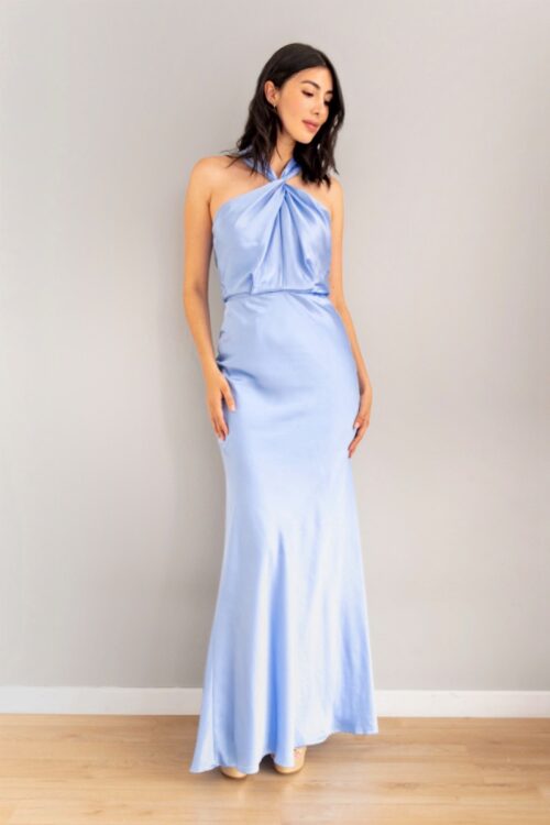 Vestido Falda Sirena Top Drapeado Halter Celeste