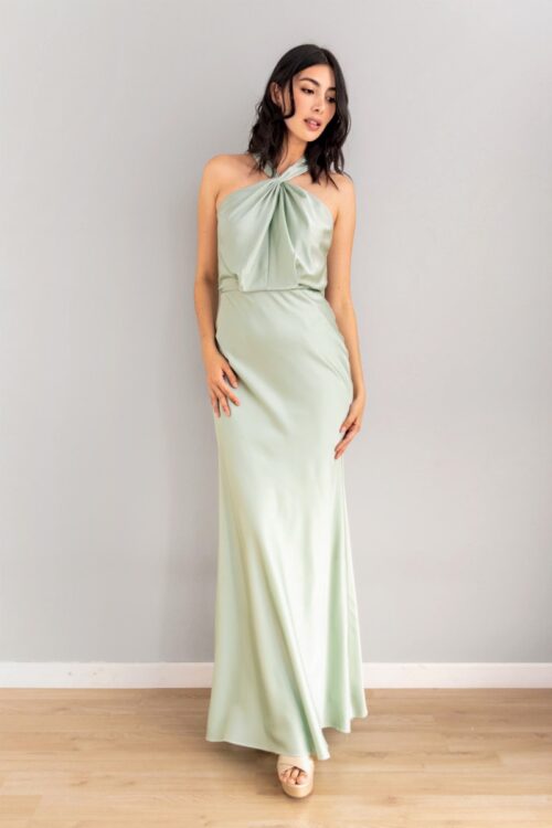 Vestido Falda Sirena Top Drapeado Halter Menta