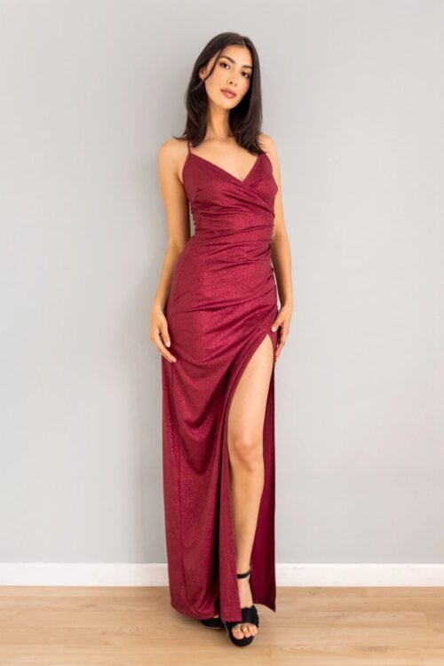 Vestido Escarchado Escote Cruzado Vinotinto