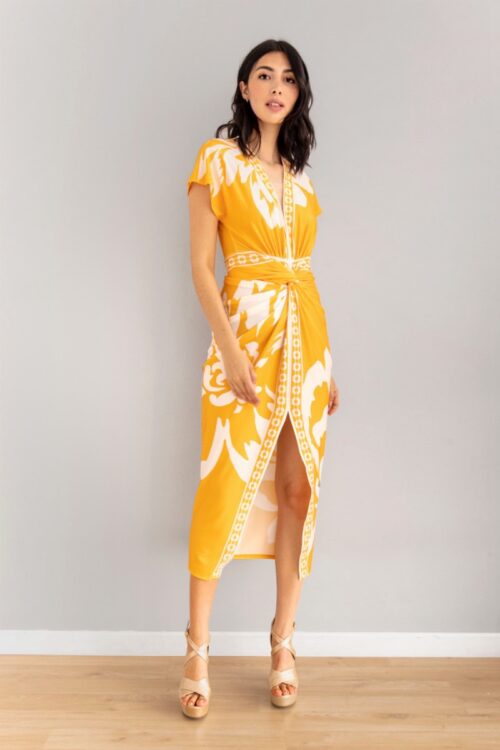 Vestido Kimono Print Mostaza