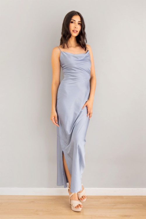 Vestido En Satin Tiras Flores Celeste