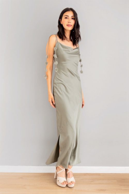 Vestido En Satin Tiras Flores Verde Claro
