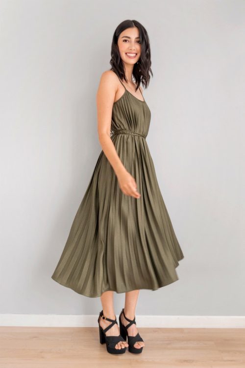 Vestido Plisado Con Lazo Verde Olivo