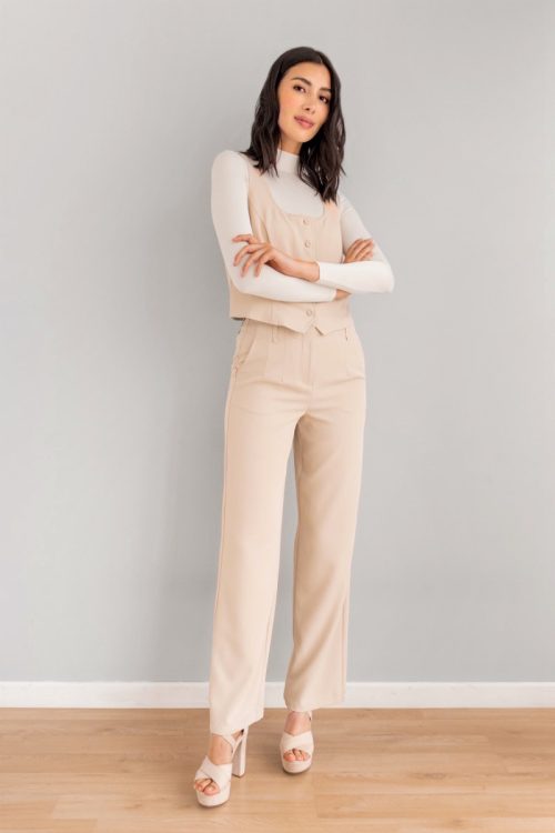 Pantalon Recto Con Pinzas Beige
