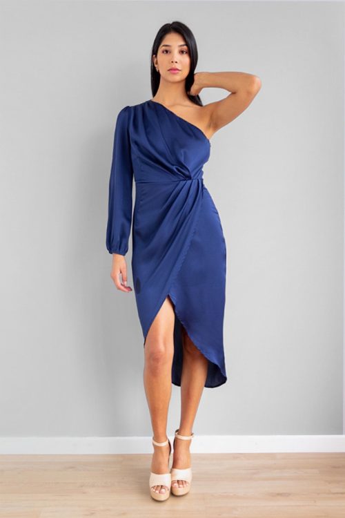 Vestido Midi Asimetrico Una Manga Azul Noche