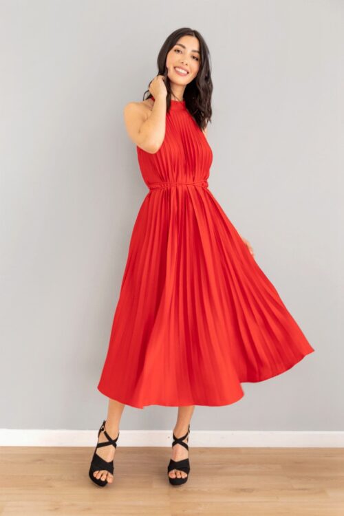 Vestido Escote Halter Plisado Lazo Rojo