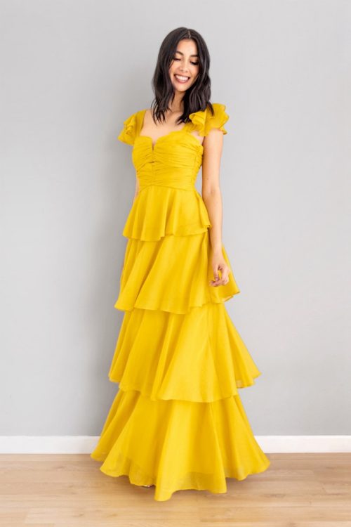 Vestido Top Recogido Manga Corta Mostaza