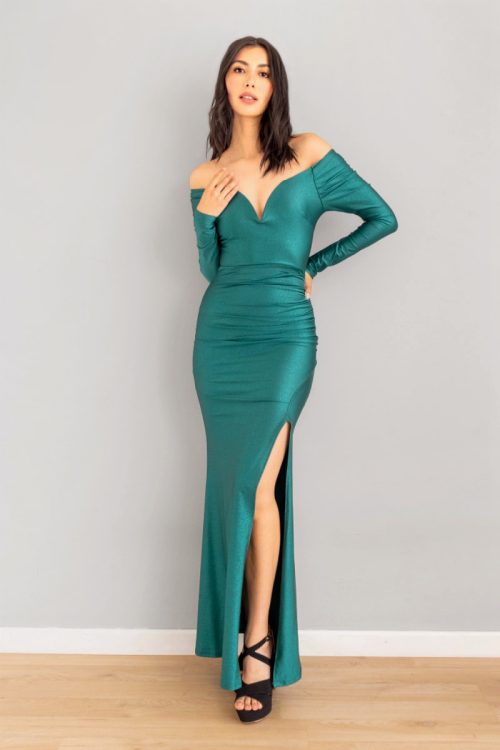 Vestido Manga Larga Ajustado Brillo Verde