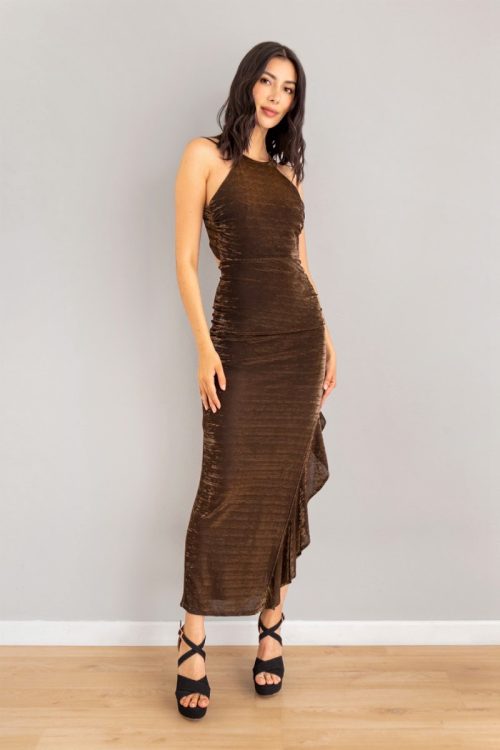 Vestido Brillo Escote Halter Dorado