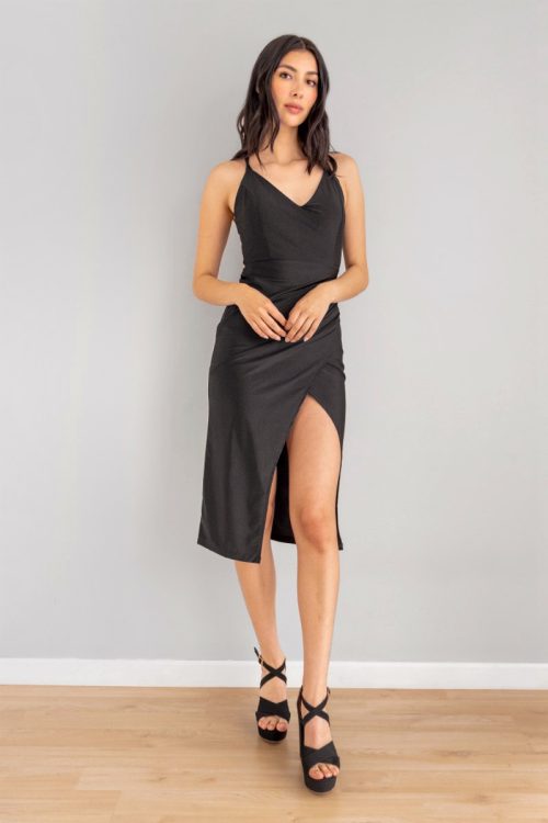Vestido Midi Ajustado Espalda Cruzada Negro