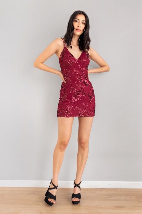 Vestido Ajustado Lentejuelas Vinotinto