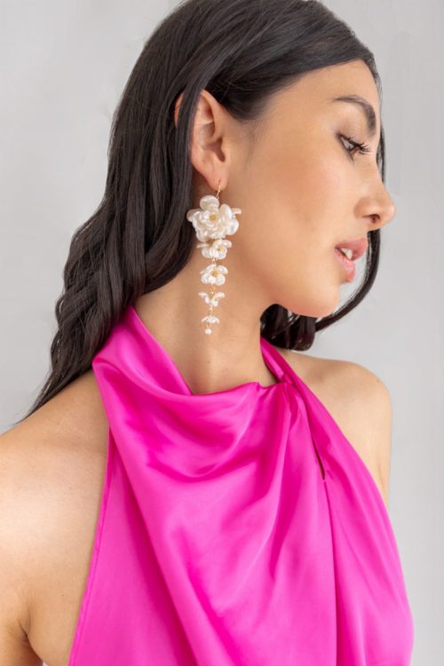 Aretes Maxi Largos Mini Flores Nacar