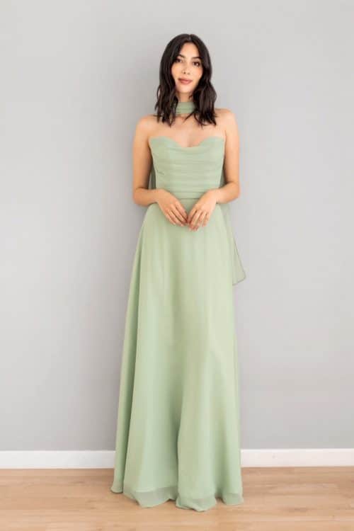 Vestido Escote Corazon Falda en Velo Sage