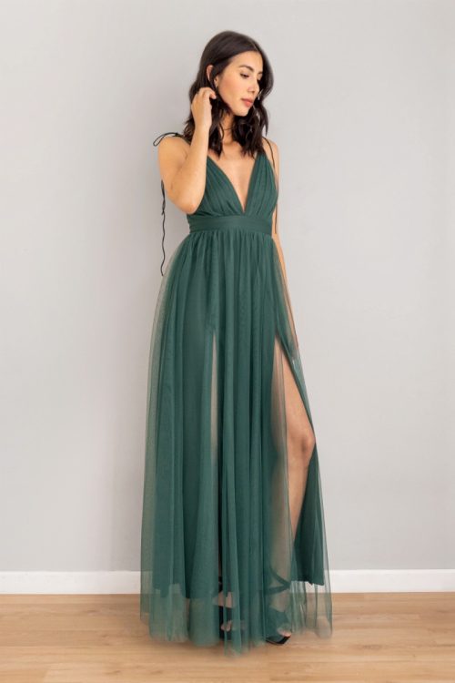 Vestido Doble Abertura En Tul Verde