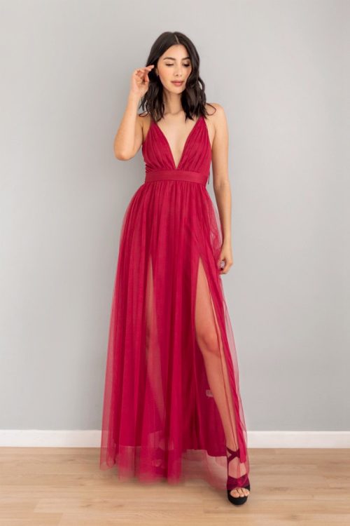 Vestido Doble Abertura en Tul Vinotinto