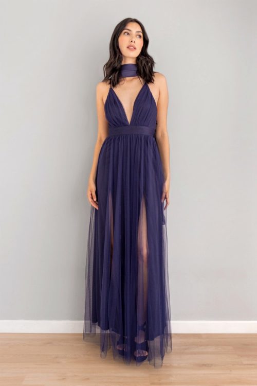 Vestido Doble Abertura En Tul Azul