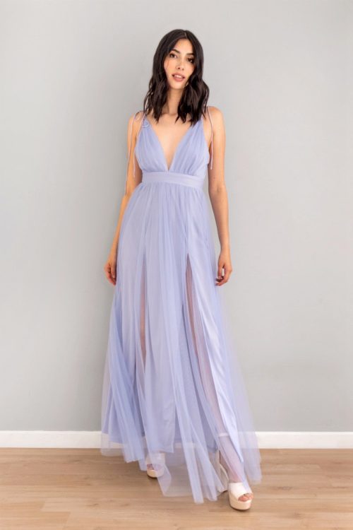 Vestido Doble Abertura en Tul Celeste
