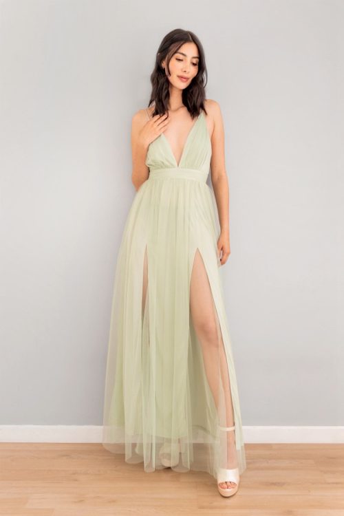 Vestido Doble Abertura En Tul Sage
