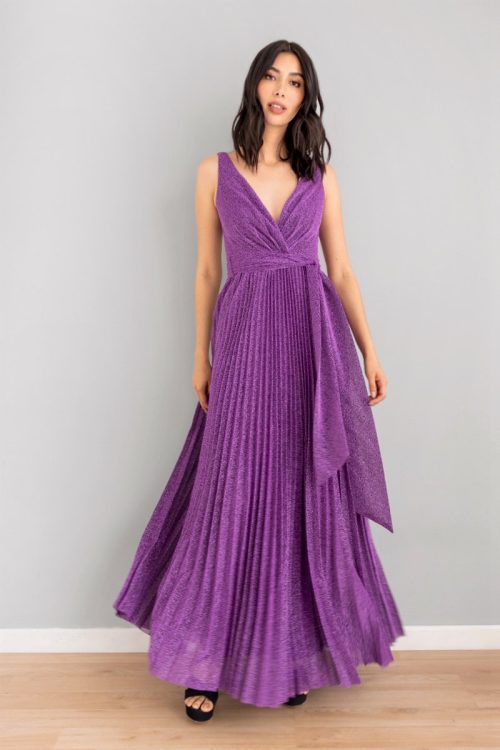 Vestido Escote V con Lazo Brillo Morado