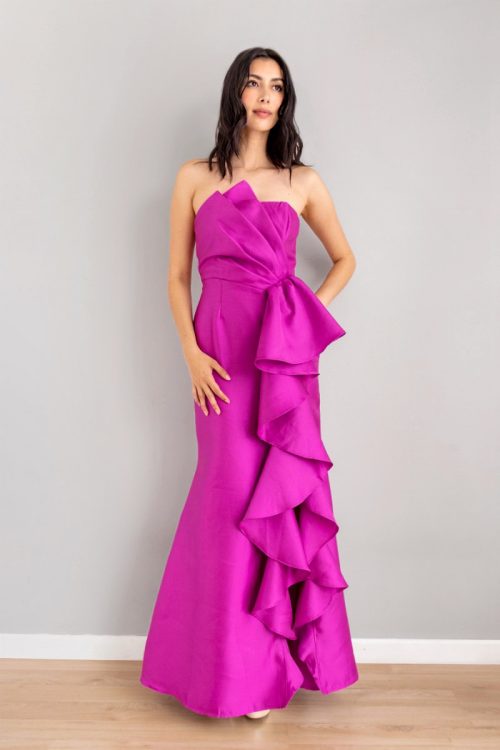 Vestido Strapless Drapeado Lazo Magenta