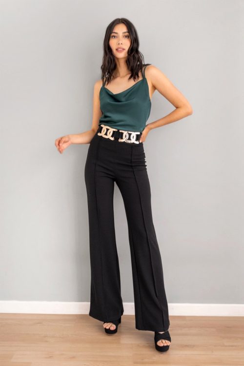 Pantalon Negro Con Cinturon Dorado