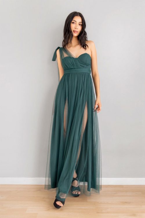 Vestido En Tul Recogido Lateral Verde
