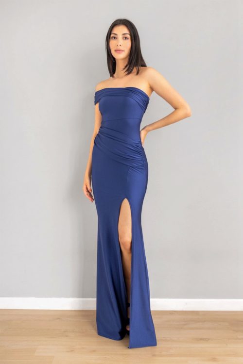 Vestido Asimetrico Escote Bandeja Azul Noche