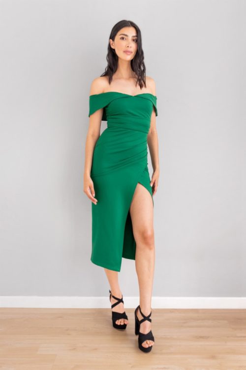 Vestido Midi Falda Cruzada Escote Bandeja Verde