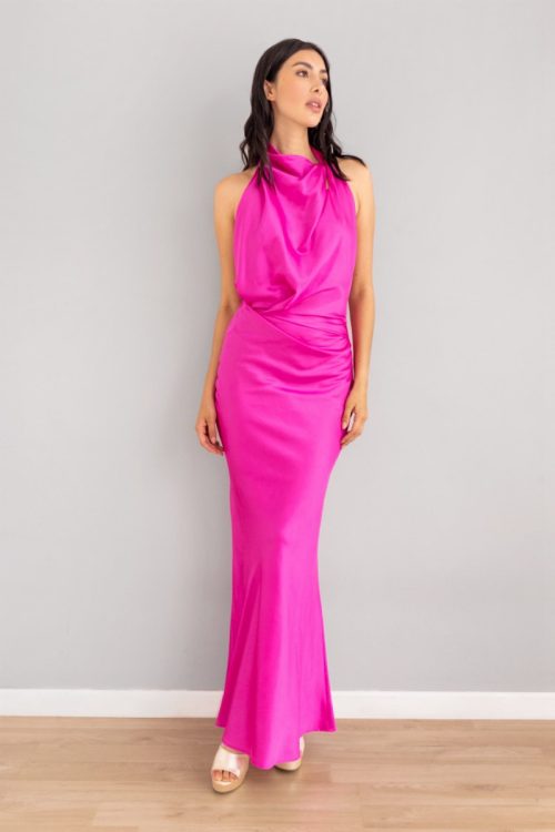Vestido Espalda Abierta Cuello Alto Fucsia