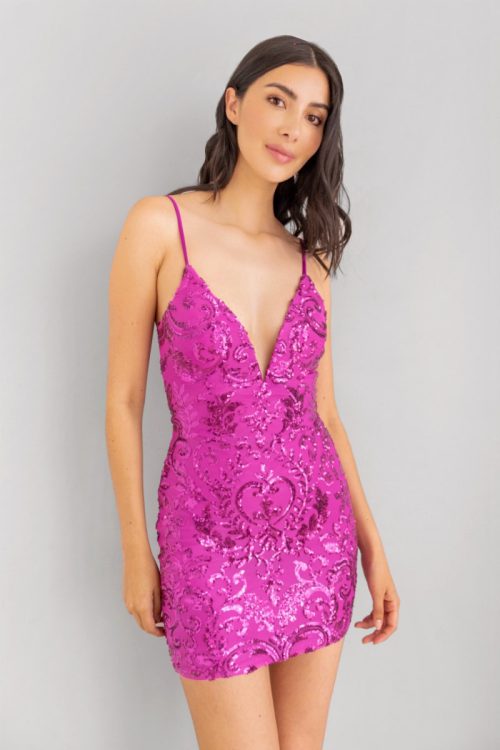 Vestido Escote Bordado Lentejuelas Magenta