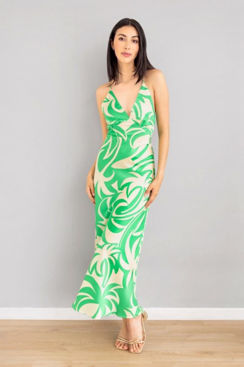 Vestido Largo Satin Print Verde