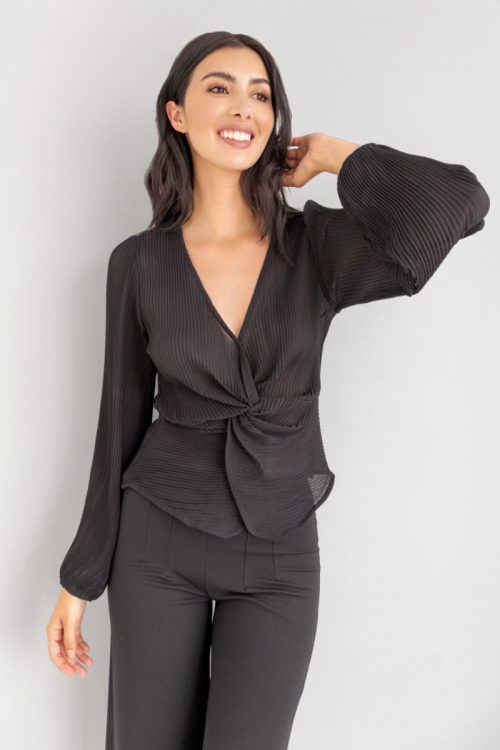 Blusa Manga Larga Frente Entrelazado Negra