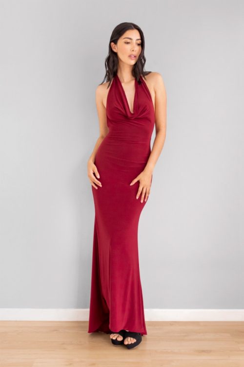 Vestido Sirena Escote Drapeado Vino