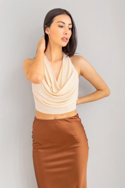 Crop Top Escote Drapeado Brillos Crema
