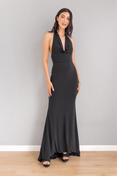 Vestido Sirena Escote Drapeado Negro