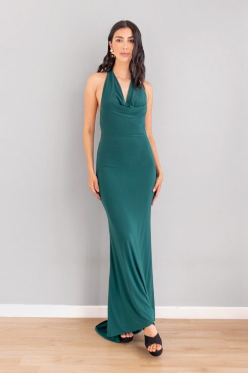 Vestido Sirena Escote Drapeado Verde