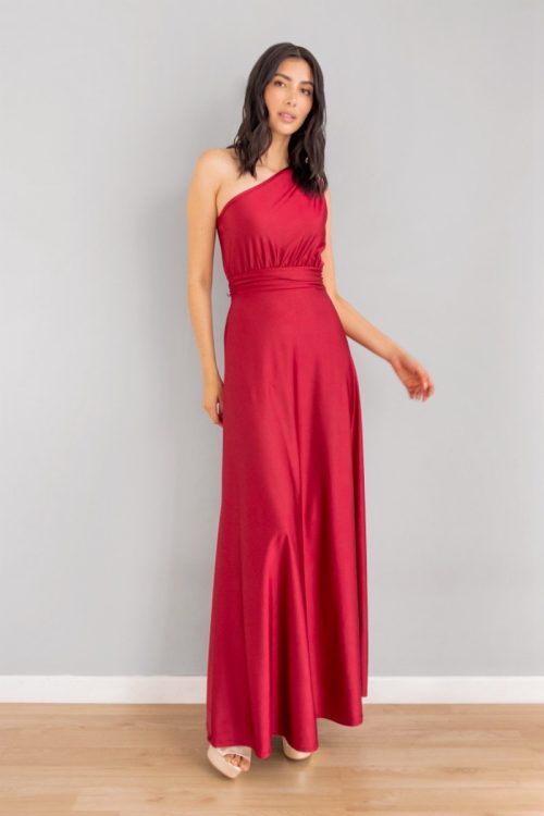 Vestido Asimetrico Falda Con Caida Vinotinto