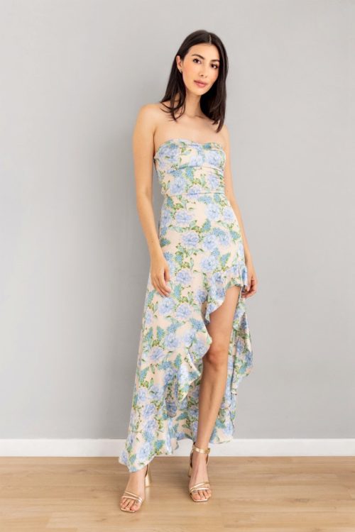 Vestido Strapless Abertura Print Azules