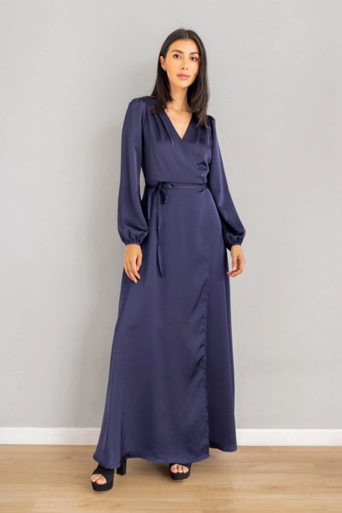Vestido Satinado Manga Larga Azul Noche