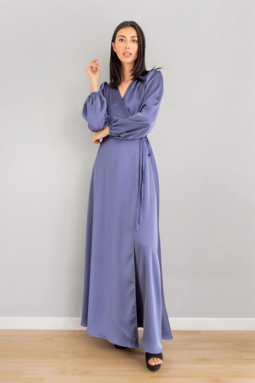 Vestido Satinado Manga Larga Azul