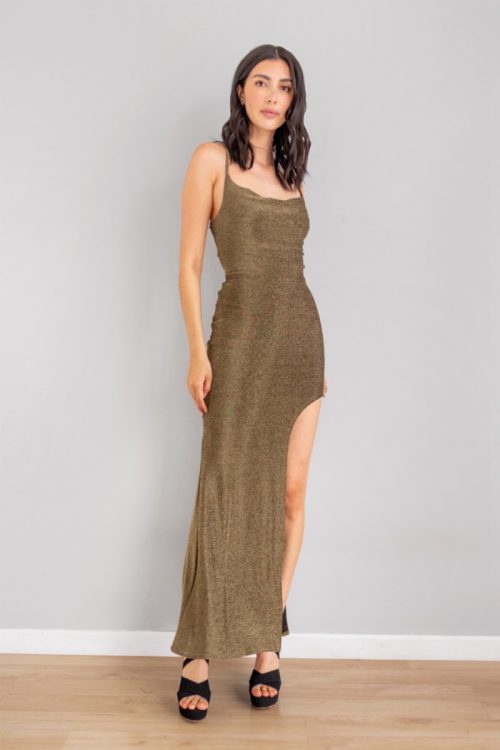 Vestido Brillo Dorado Espalda Cruzada