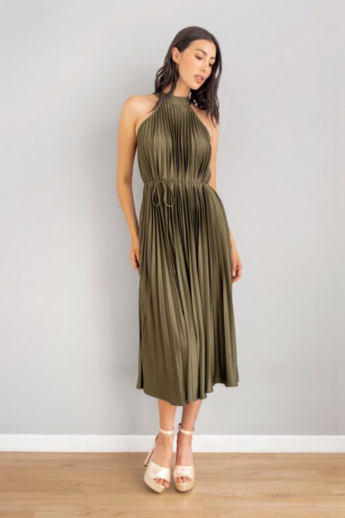 Vestido Escote Halter Plisado Lazo Olivo