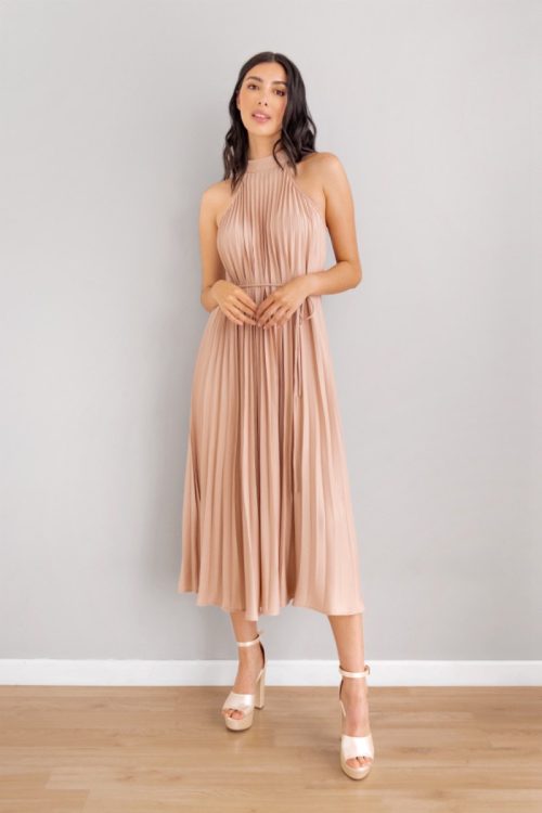 Vestido Escote Halter Plisado Lazo Nude