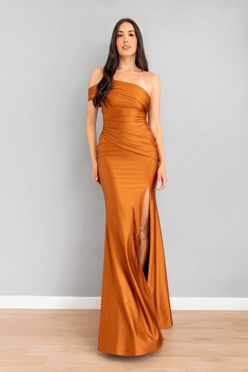 Vestido Asimetrico Escote Bandeja Terracota